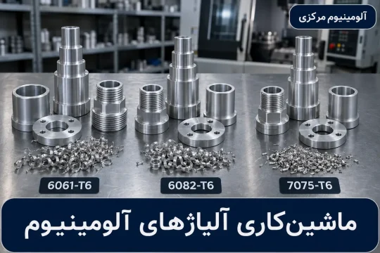 قطعات تراشکاریشده از آلیاژهای مختلف آلومینیوم روی میز ماشینسازی
