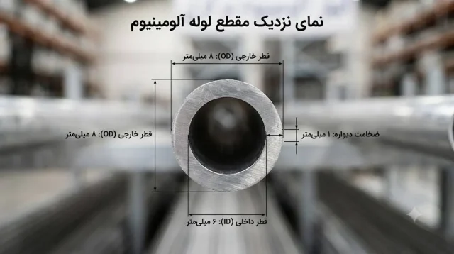 مقطع لوله آلومینیوم قطر ۸ با نمایش ضخامت دیواره