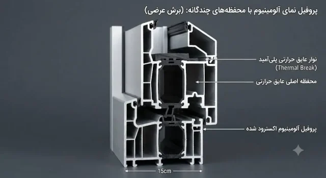 برش عرضی پروفیل نمای آلومینیوم با محفظههای چندگانه و محل درزگیر