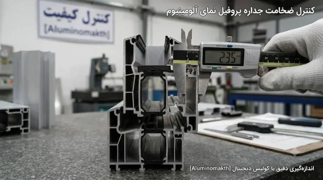 کنترل ضخامت جداره پروفیل نمای آلومینیوم با کولیس دیجیتال