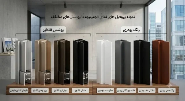 نمونه پروفیلهای نمای آلومینیوم با پوشش آنادایز و رنگ پودری در رنگهای مختلف